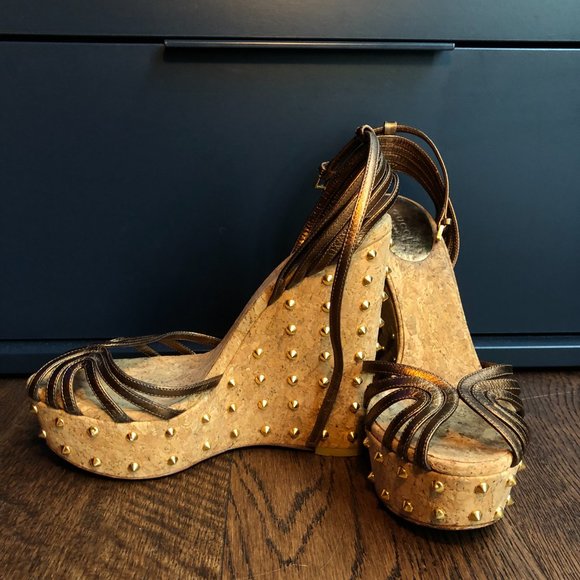 Gucci Brown Leather Studded Cork Wedge Sandals - Picture 1 of 12